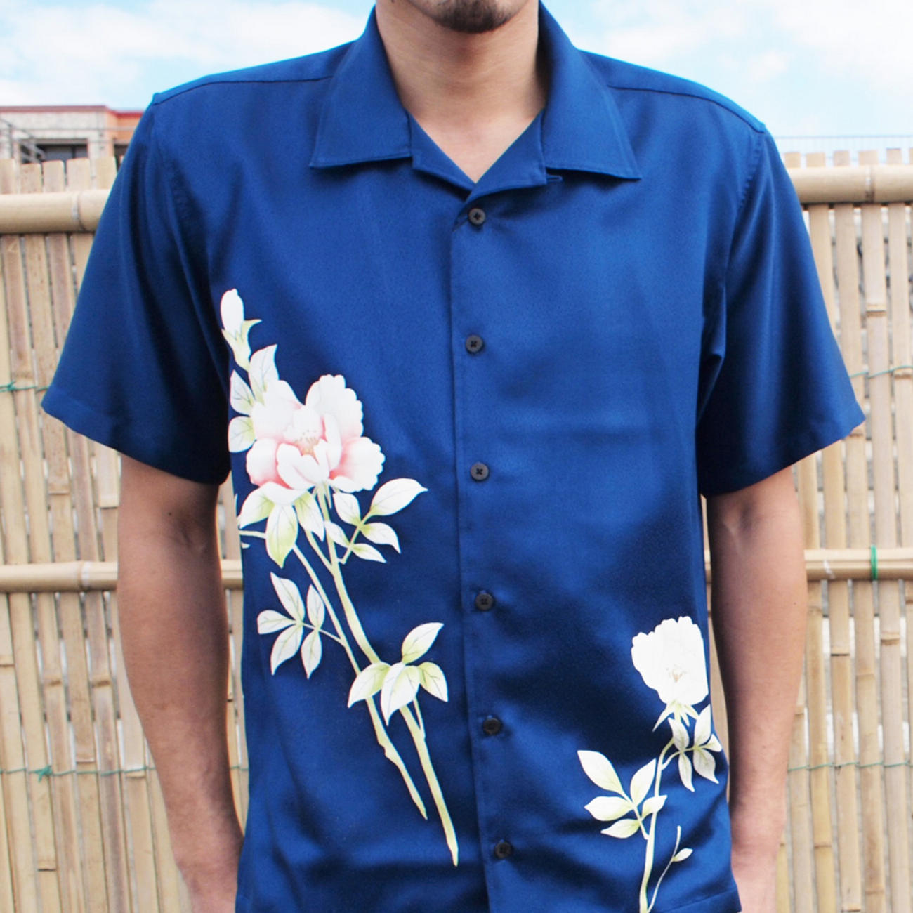 大きいサイズの和柄アロハシャツ TSUBAKI M